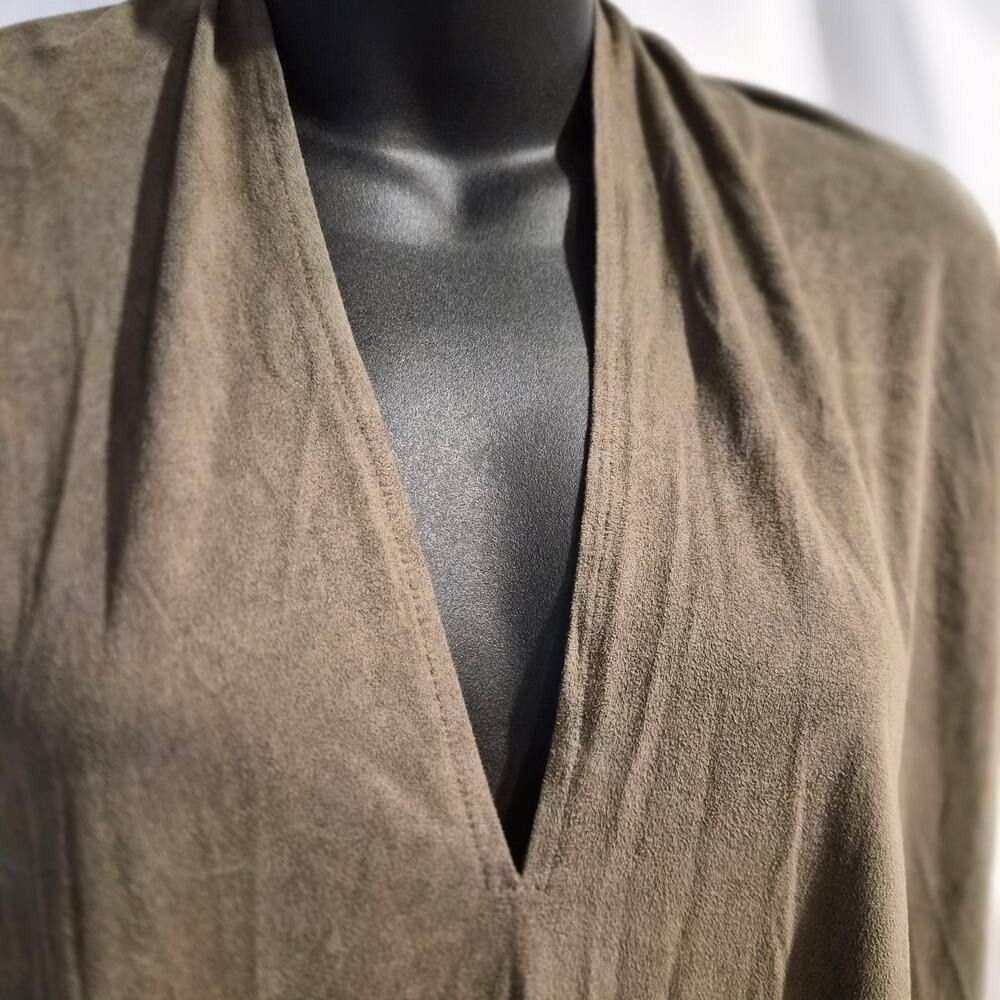O.N.W. by Owlnwood Faux Suede V-Neck Poncho Top Olive Brown One Size - Picture 2 of 6